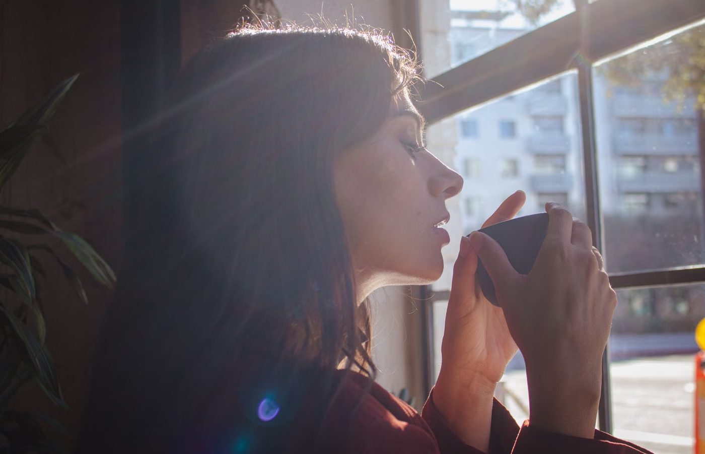 A woman by a sunlit window holding a warm drink